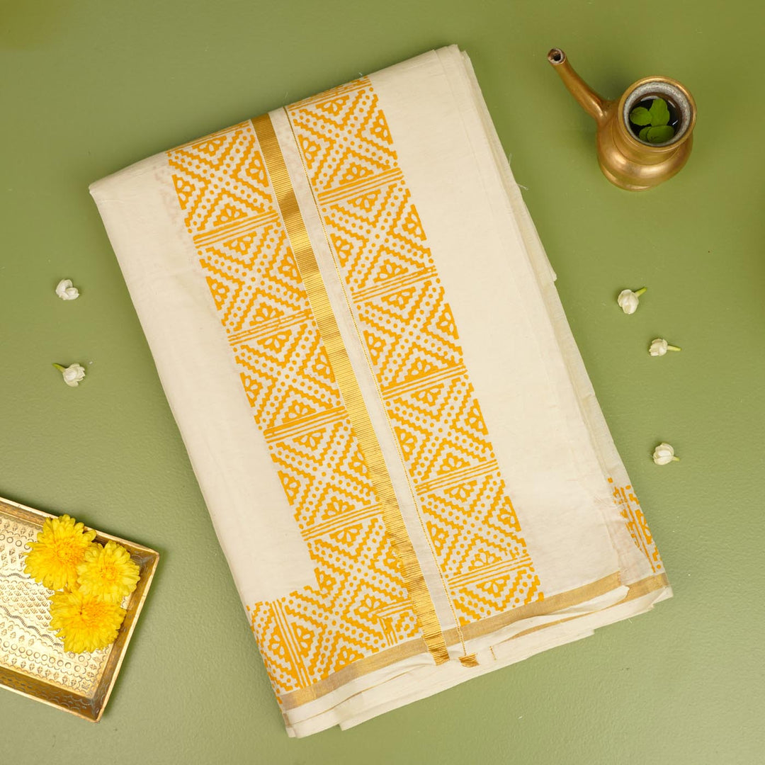Mandala Motif Dhoti | Hand Block Printed Traditional Kasavu Dhoti With Golden Zari | Onam Special | 3.5m