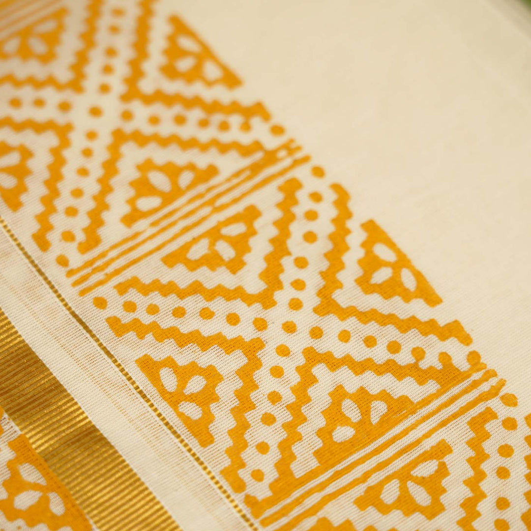 Mandala Motif Dhoti | Hand Block Printed Traditional Kasavu Dhoti With Golden Zari | Onam Special | 3.5m