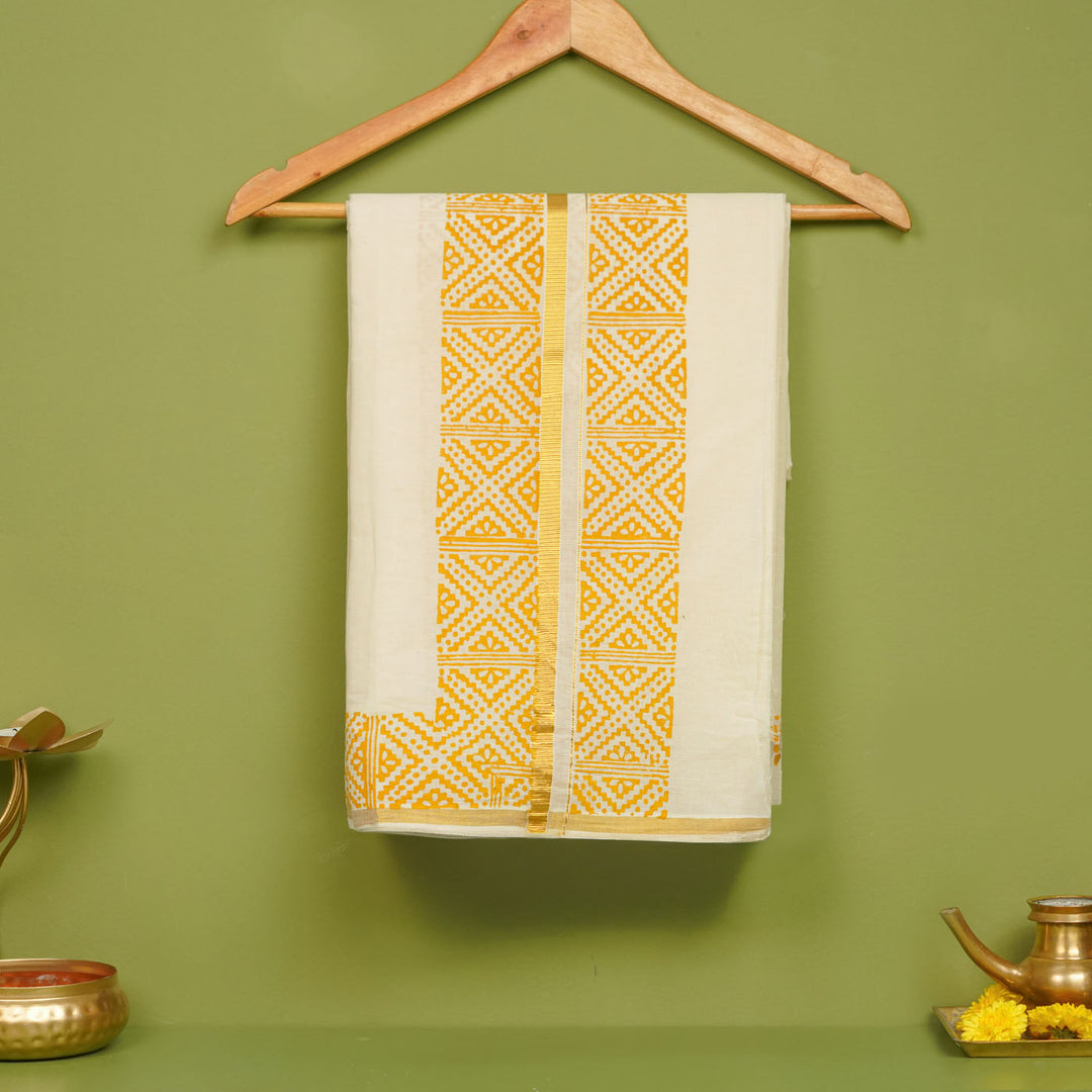 Mandala Motif Dhoti | Hand Block Printed Traditional Kasavu Dhoti With Golden Zari | Onam Special | 3.5m