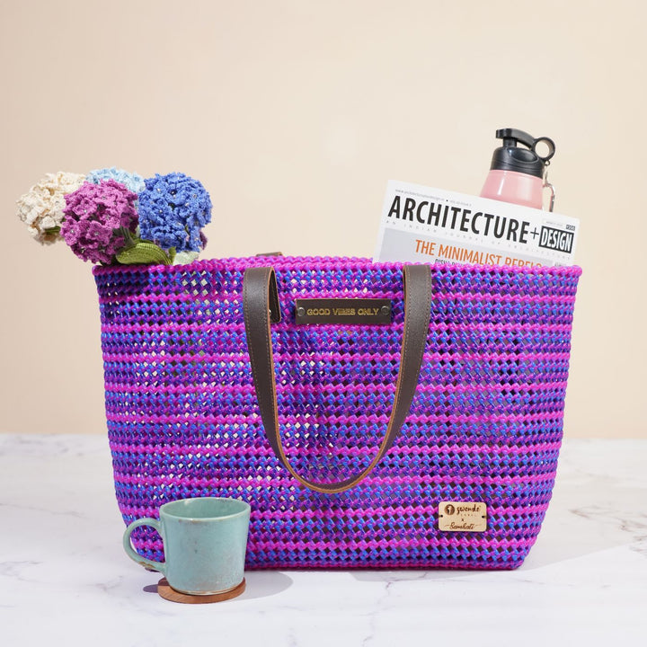 Purple and Pink Striped Mukhya Knot Handmade Koodai Beach Bag
