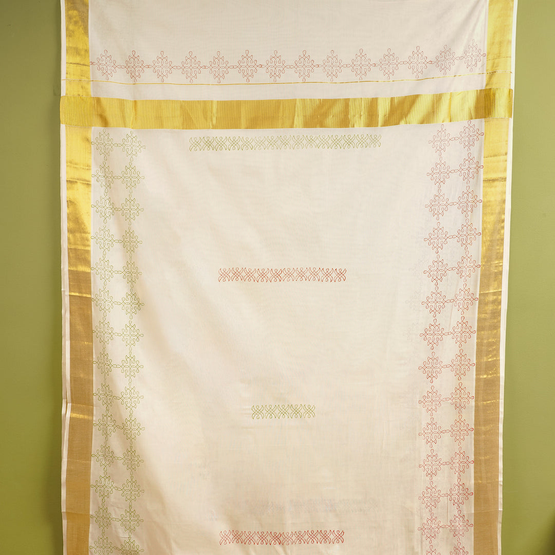 Rangoli Motif Saree | Hand Block Printed Pure Cotton Kerala Kasavu Saree | Onam Special | 5.5m + 80cm Blouse Piece