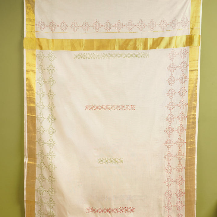 Rangoli Motif Saree | Hand Block Printed Pure Cotton Kerala Kasavu Saree | Onam Special | 5.5m + 80cm Blouse Piece