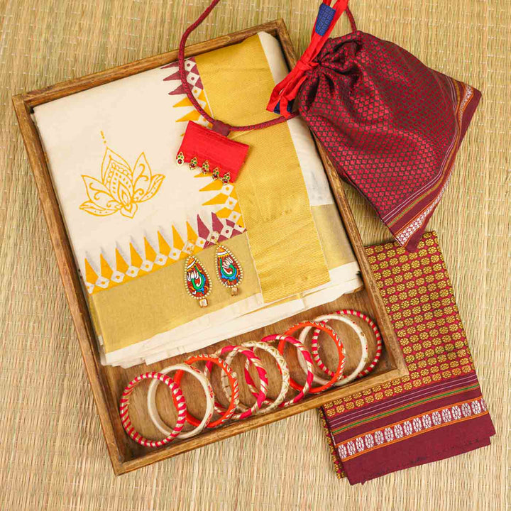 Lotus Motif Saree | Hand Block Printed Pure Cotton Kerala Kasavu Saree | Onam Special | 5.5m + 80cm Blouse Piece