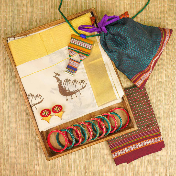 Boat Race Motif Saree | Hand Block Printed Pure Cotton Kerala Kasavu Saree | Onam Special | 5.5m + 80cm Blouse Piece