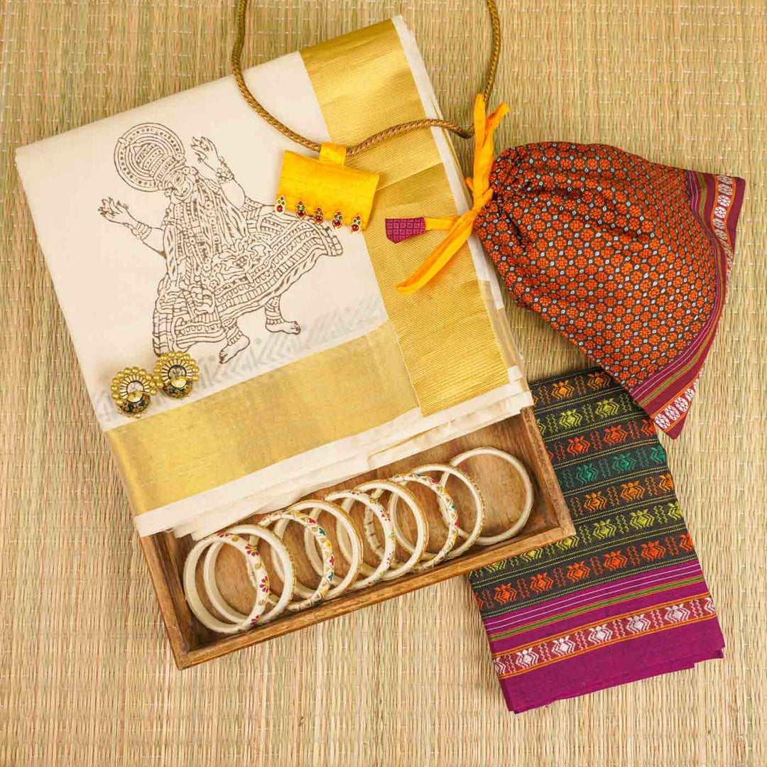 Kathakali Motif Saree | Hand Block Printed Pure Cotton Kerala Kasavu Saree | Onam Special | 5.5m + 80cm Blouse Piece
