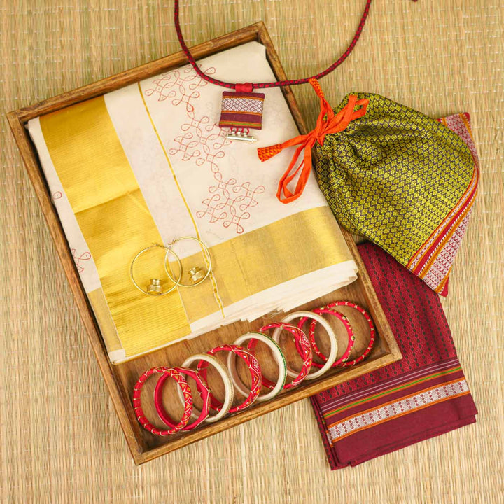 Rangoli Motif Saree | Hand Block Printed Pure Cotton Kerala Kasavu Saree | Onam Special | 5.5m + 80cm Blouse Piece