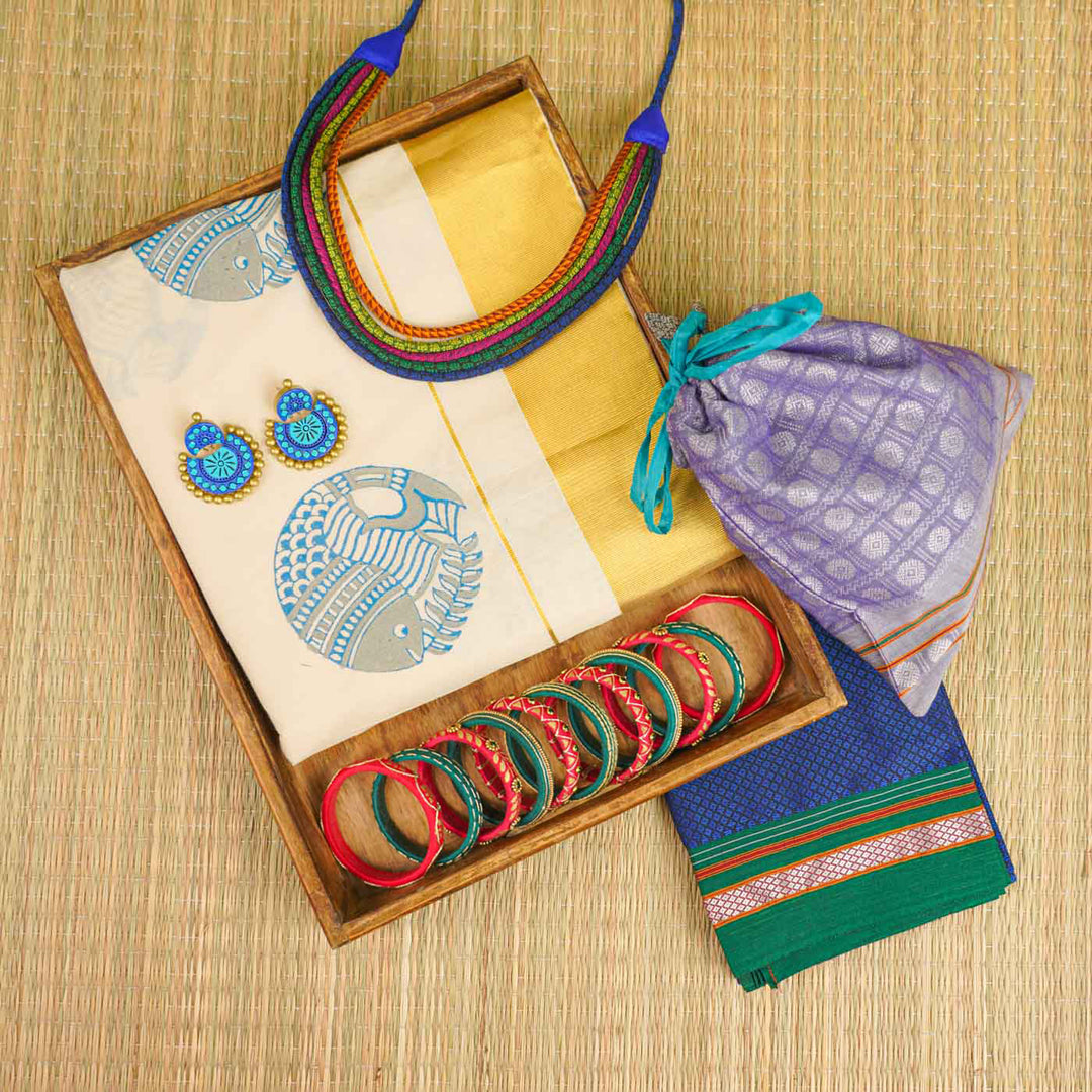Fish Motif Saree | Hand Block Printed Pure Cotton Kerala Kasavu Saree | Onam Special | 5.5m + 80cm Blouse Piece