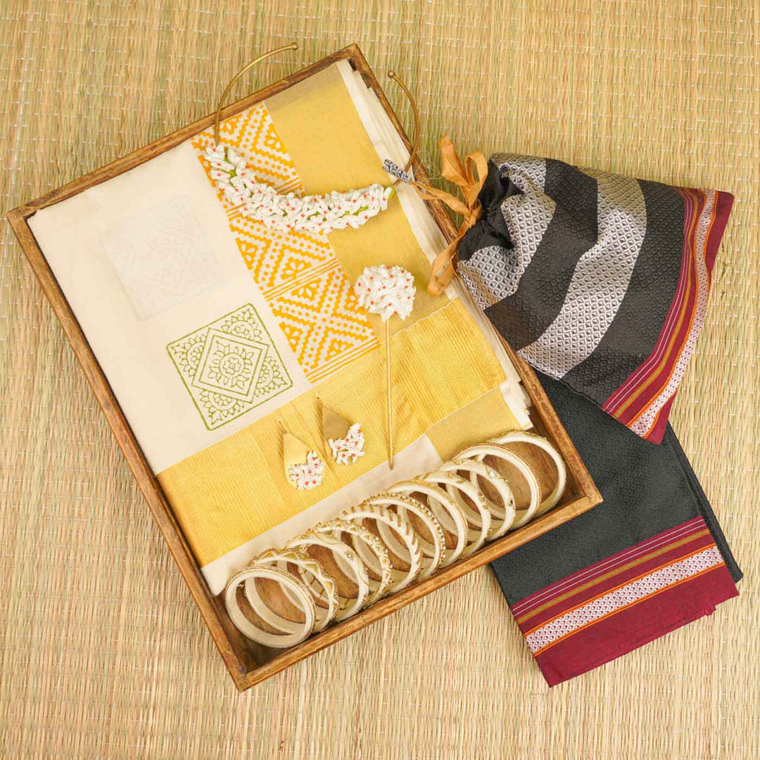 Mandala Motif Saree | Hand Block Printed Pure Cotton Kerala Kasavu Saree | Onam Special | 5.5m + 80cm Blouse Piece