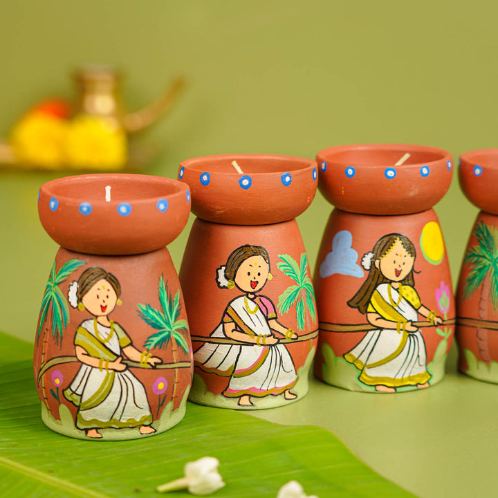 Onam Edition | Hand-painted Clay Tug of War Theme Tealight Holders | Set of 7