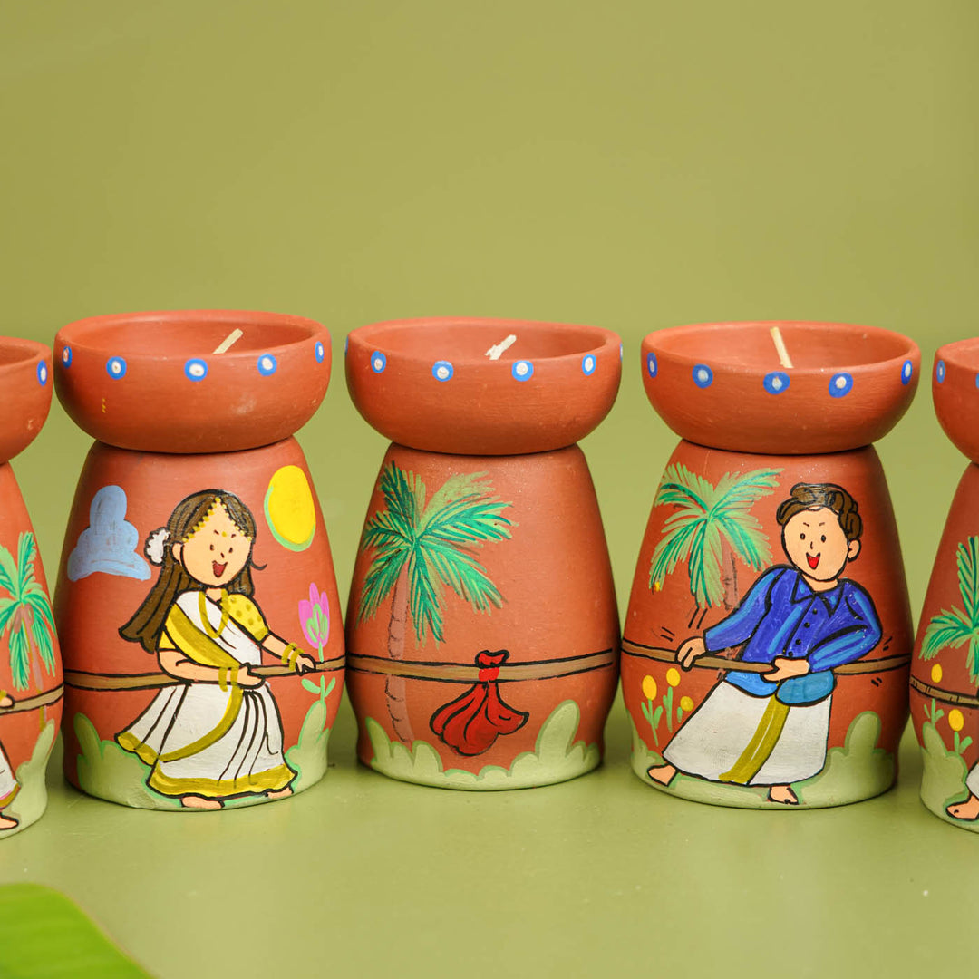 Onam Edition | Hand-painted Clay Tug of War Theme Tealight Holders | Set of 7