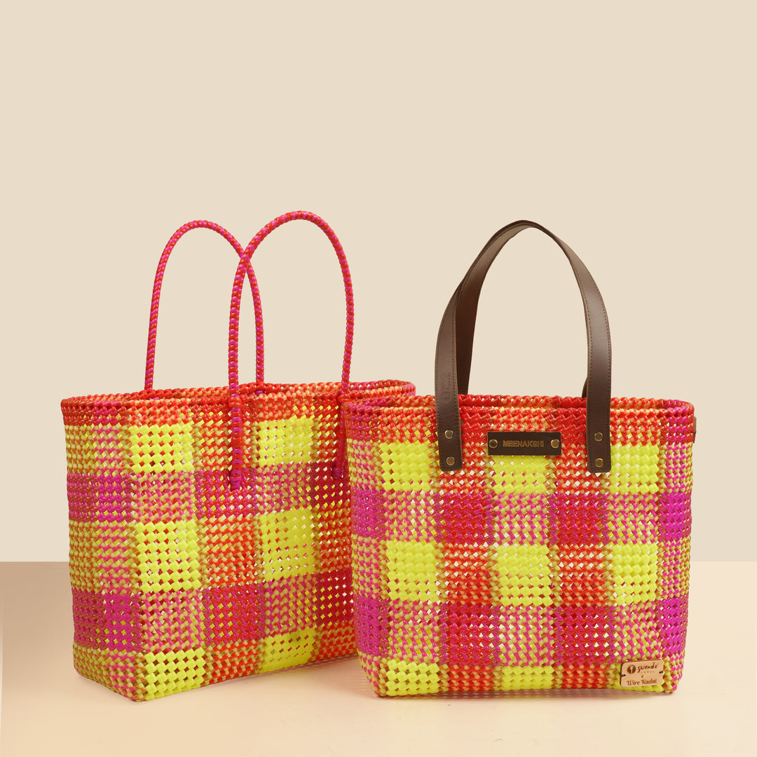 Pink And Florecent Green Checks Handmade Wire Koodai Tote Bag