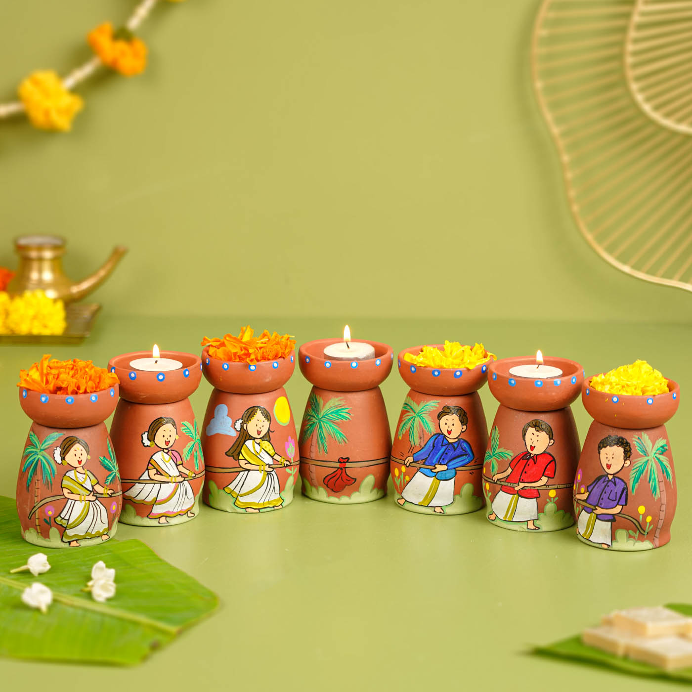 Buy Onam Edition | Hand-painted Clay Tug of War Theme Tealight