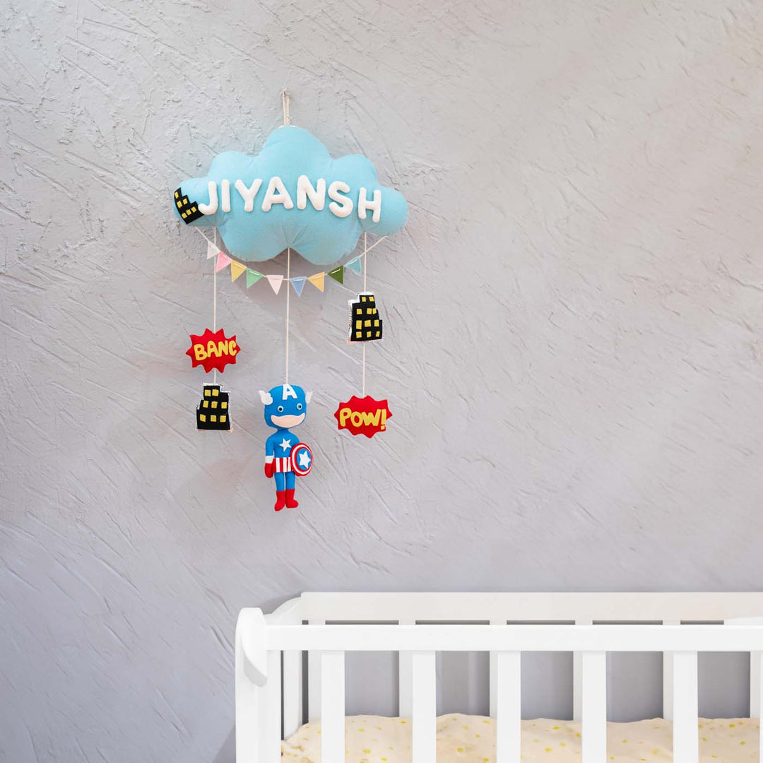 Handcrafted Personalized Superhero Cloud Theme Name Plate For Kids