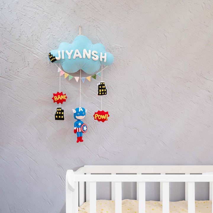 Handcrafted Personalized Cloud Theme Name Plate For Kids 4 - Hanging Above Crib View