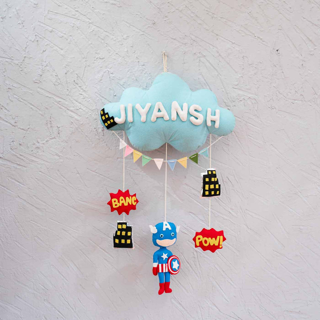 Handcrafted Personalized Superhero Cloud Theme Name Plate For Kids