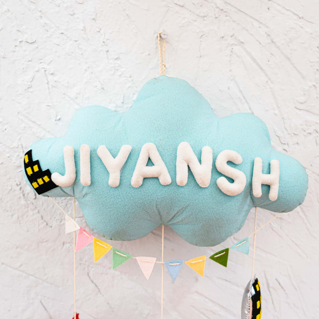 Handcrafted Personalized Cloud Theme Name Plate For Kids 4 - Front View Hanging on Wall
