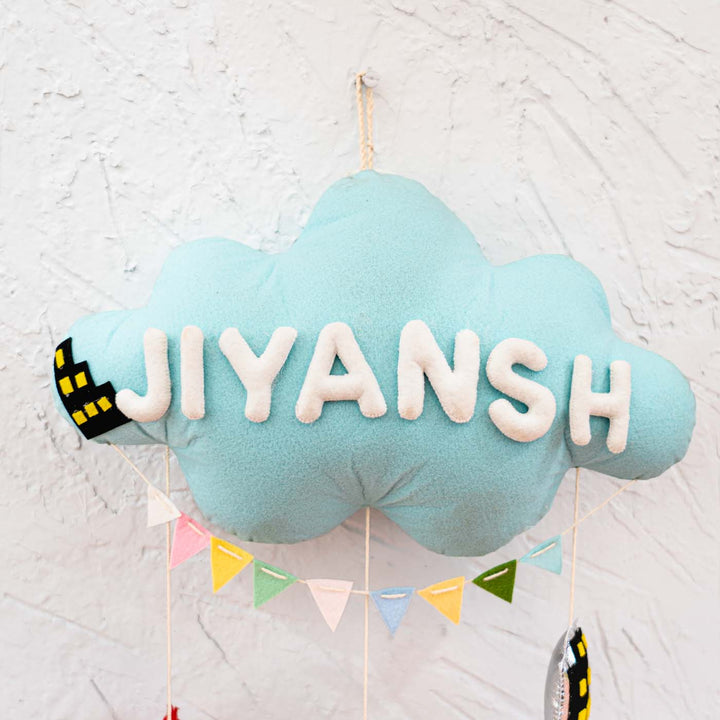 Handcrafted Personalized Cloud Theme Name Plate For Kids 4 - Front View Hanging on Wall