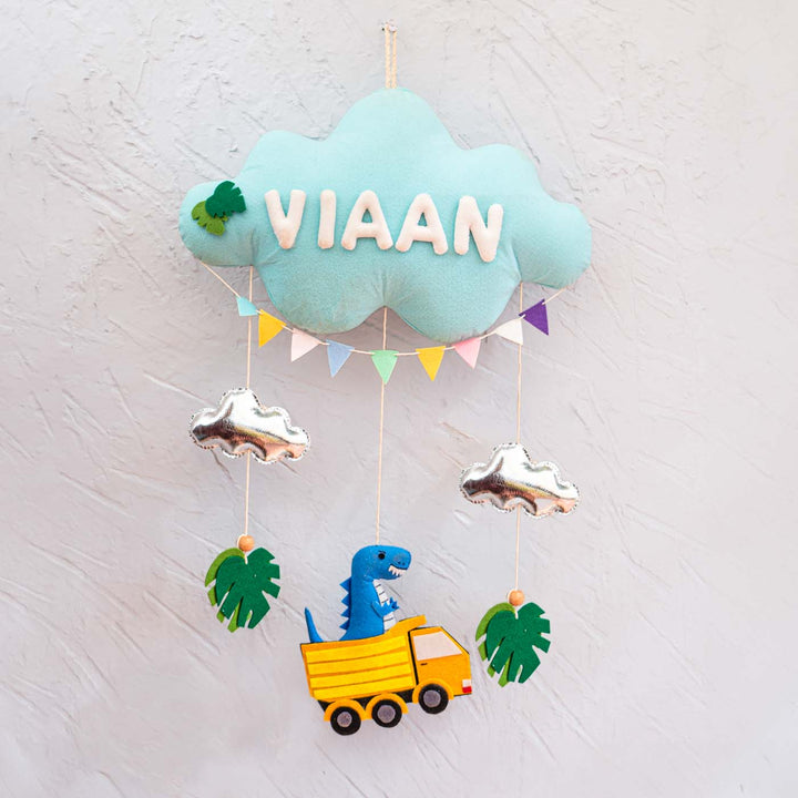Handcrafted Personalized Dinoland Cloud Theme Name Plate For Kids