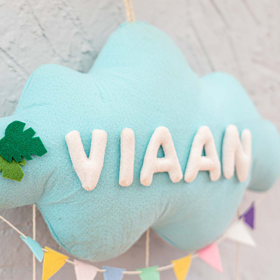 Handcrafted Personalized Dinoland Cloud Theme Name Plate For Kids
