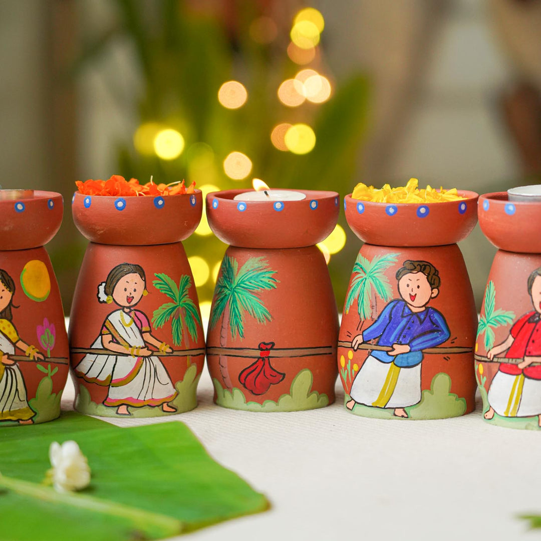 Onam Edition | Hand-painted Clay Tug of War Theme Tealight Holders | Set of 7