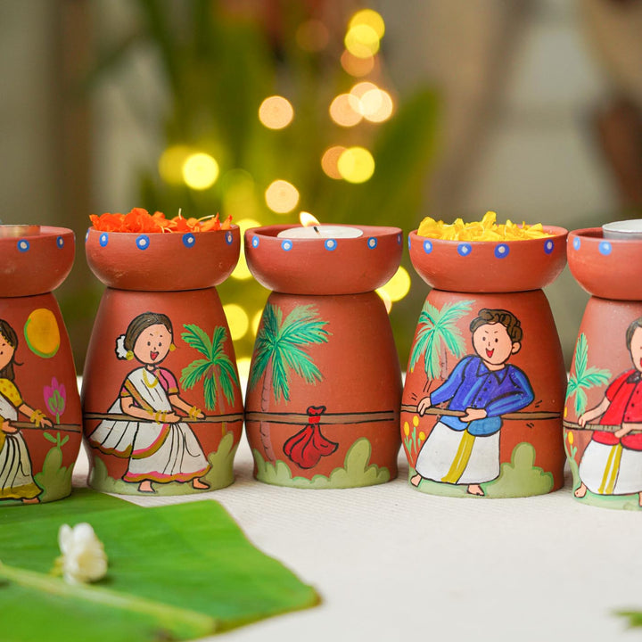 Onam Edition | Hand-painted Clay Tug of War Theme Tealight Holders | Set of 7