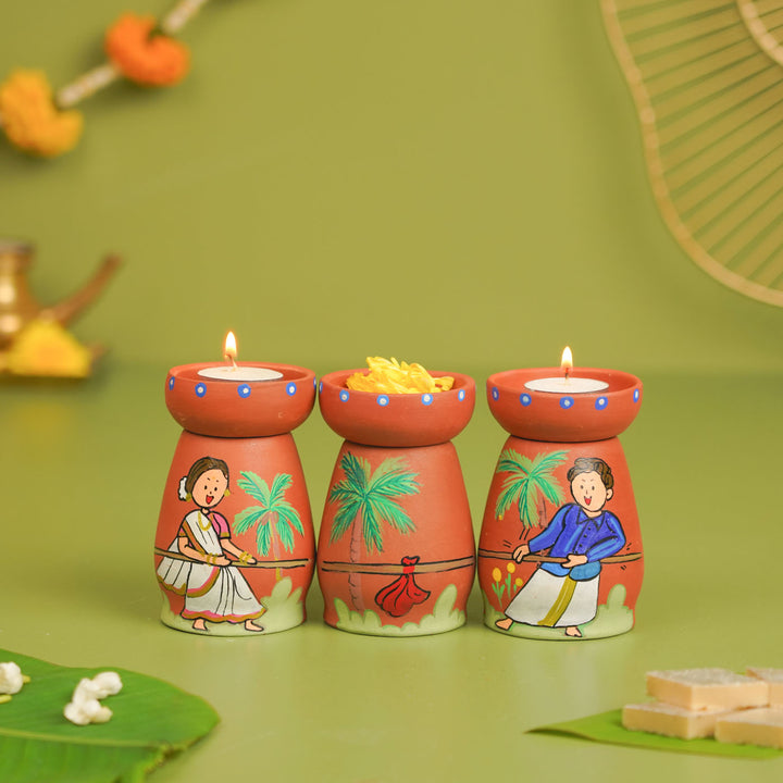 Hand-painted Clay Tug of War Theme Tealight Holders| Set of 3