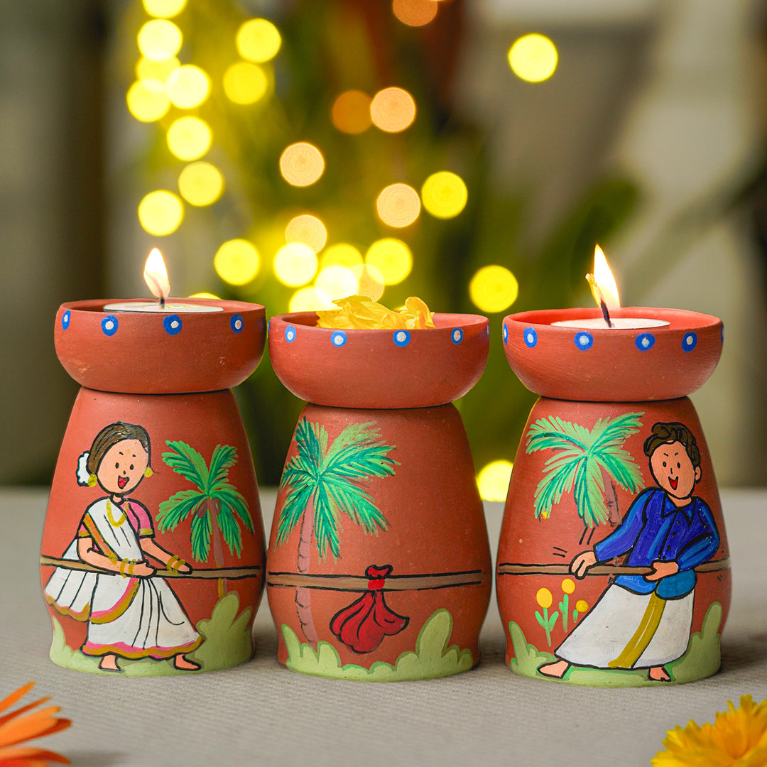 Hand-painted Clay Tug of War Theme Tealight Holders| Set of 3