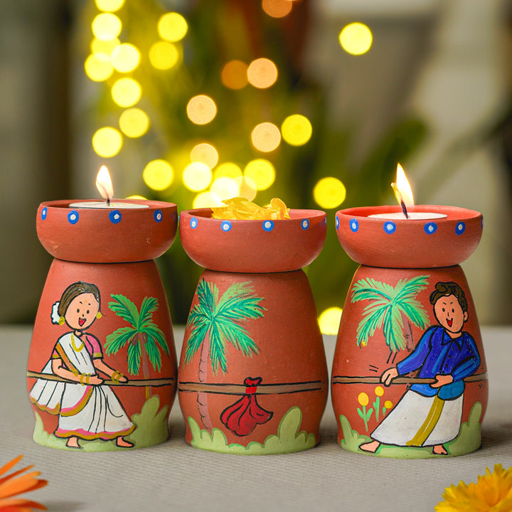 Hand-painted Clay Tug of War Theme Tealight Holders| Set of 3