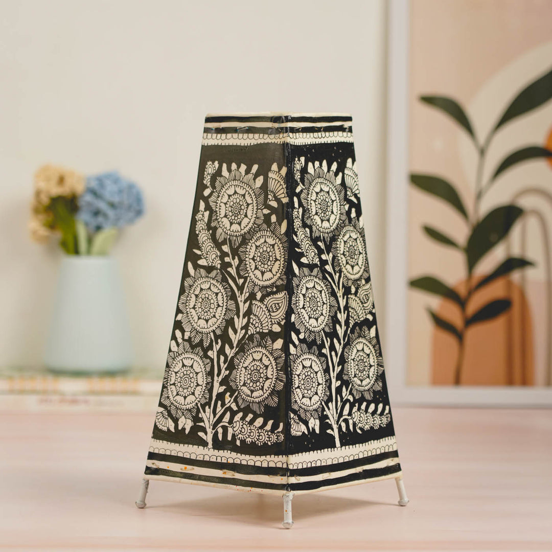 Floral Hand Painted Tholu Bommalata Tabletop Lamp | 13 inches