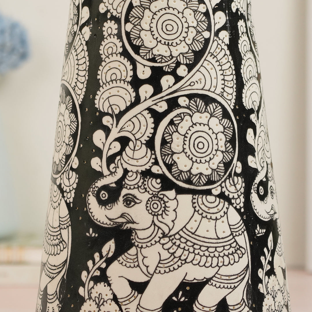 Elephant Hand Painted Tholu Bommalata Tabletop Lamp | 17 inches