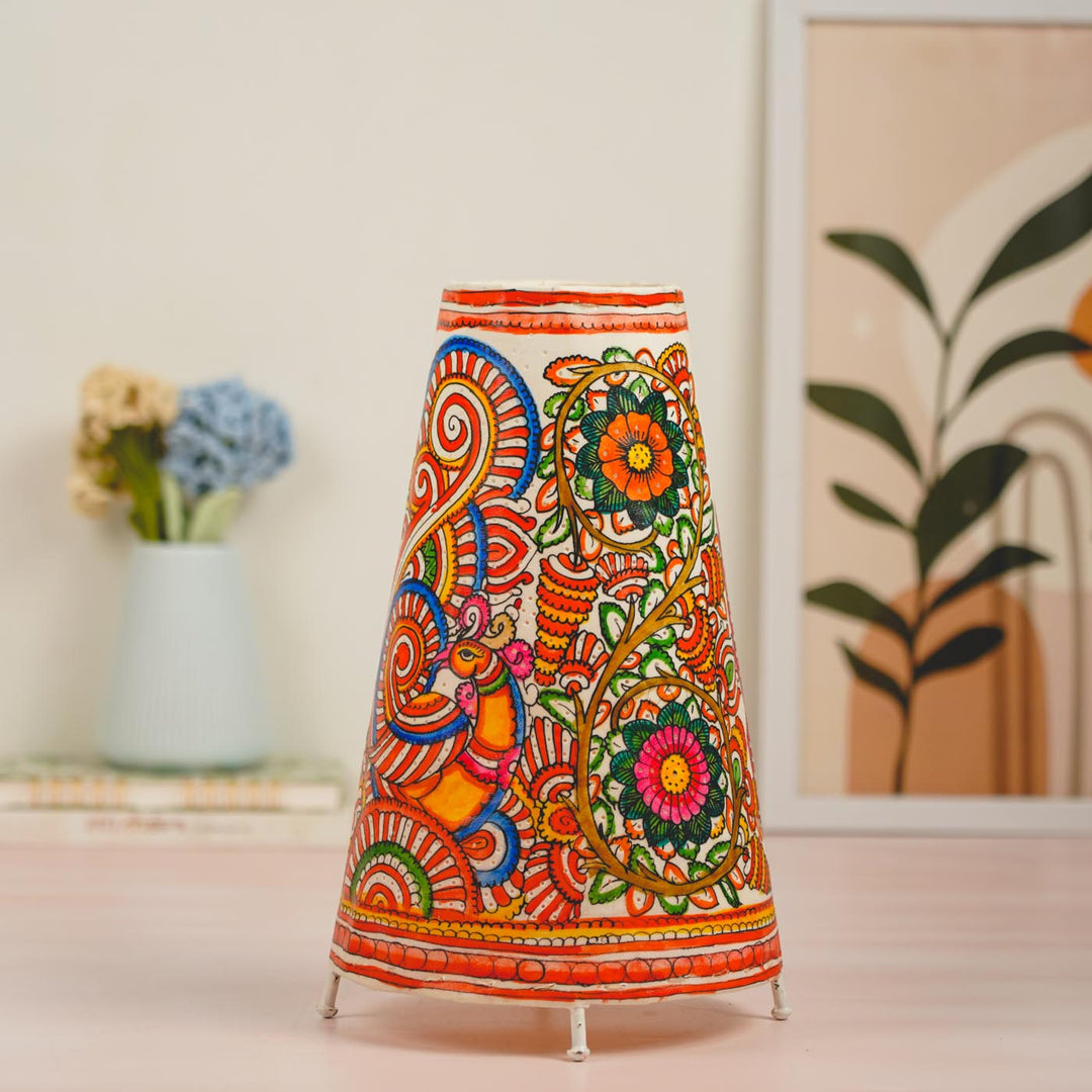 Peacock Hand Painted Tholu Bommalata Tabletop Lamp | 13 inches