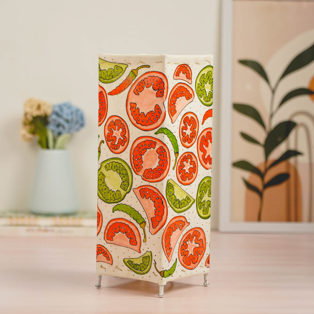 Tomato & chilli Hand Painted Tholu Bommalata Tabletop Lamp | 14 inches