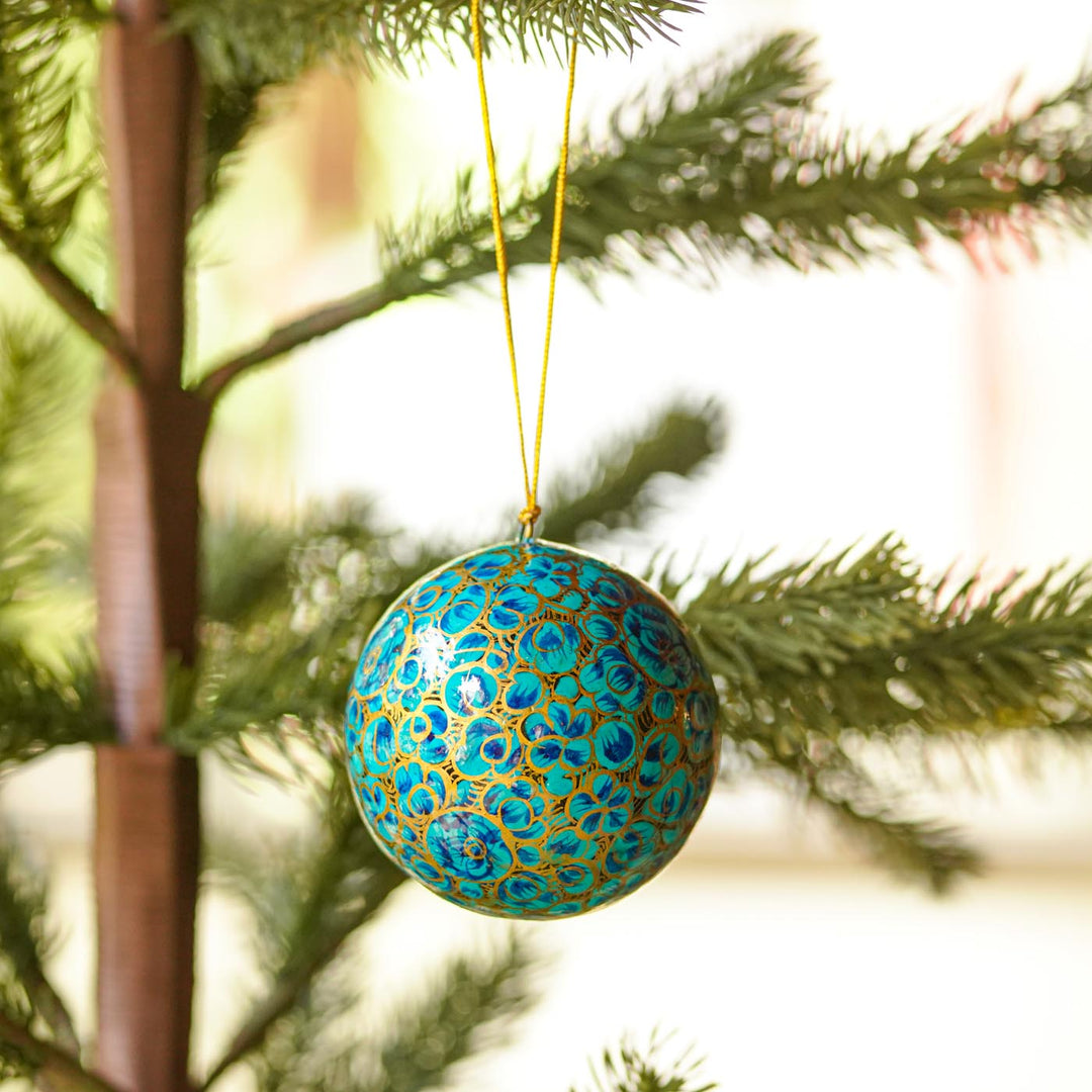 Blue Handmade Kashmiri Paper Mache Christmas Ball Ornament For Tree Decor