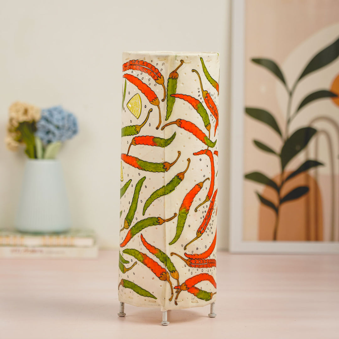 Chillis & Lemon Hand Painted Tholu Bommalata Tabletop Lamp | 14 inches