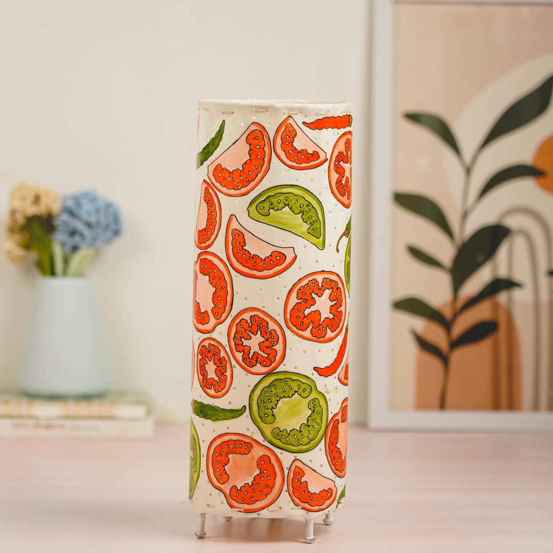 Tomato & chilli Hand Painted Tholu Bommalata Tabletop Lamp | 14 inches