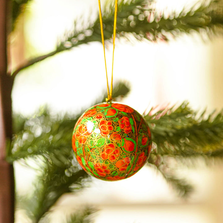Orange & Green Handmade Kashmiri Paper Mache Christmas Ball Ornament For Tree Decor