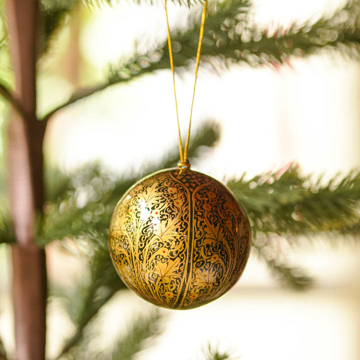Black & Gold Handmade Kashmiri Paper Mache Christmas Ball Ornament For Tree Decor
