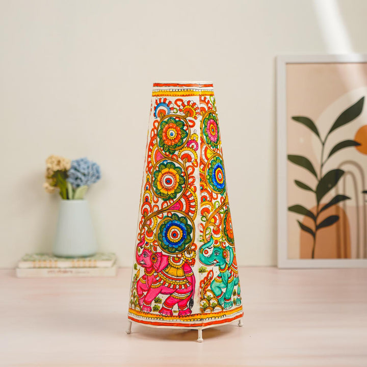 Multicolor Elephant Hand Painted Tholu Bommalata Tabletop Lamp | 17 inches