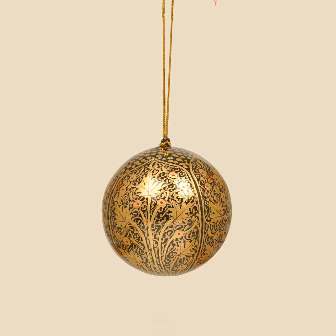 Black & Gold Handmade Kashmiri Paper Mache Christmas Ball Ornament For Tree Decor