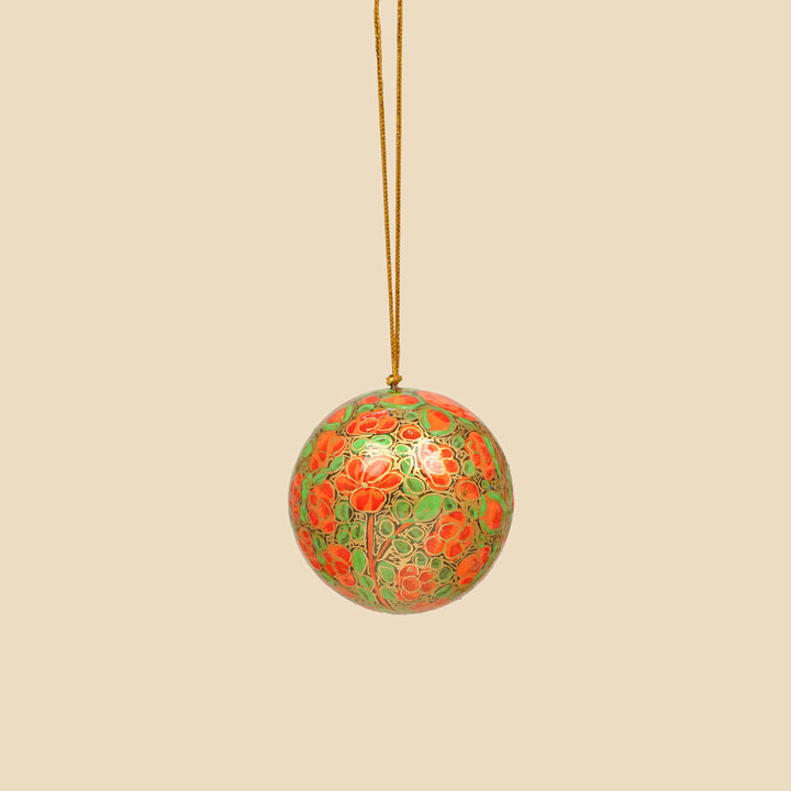 Orange & Green Handmade Kashmiri Paper Mache Christmas Ball Ornament For Tree Decor
