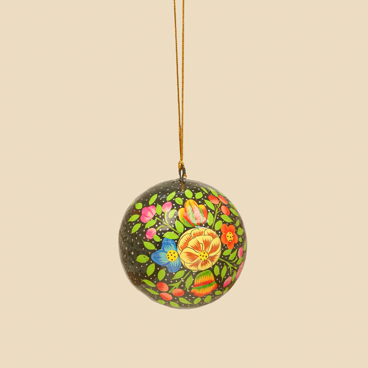 Floral Handmade Kashmiri Paper Mache Christmas Ball Ornament For Tree Decor