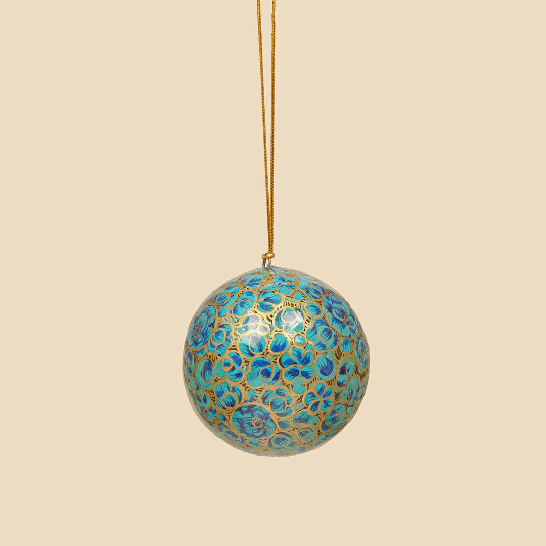 Blue Handmade Kashmiri Paper Mache Christmas Ball Ornament For Tree Decor