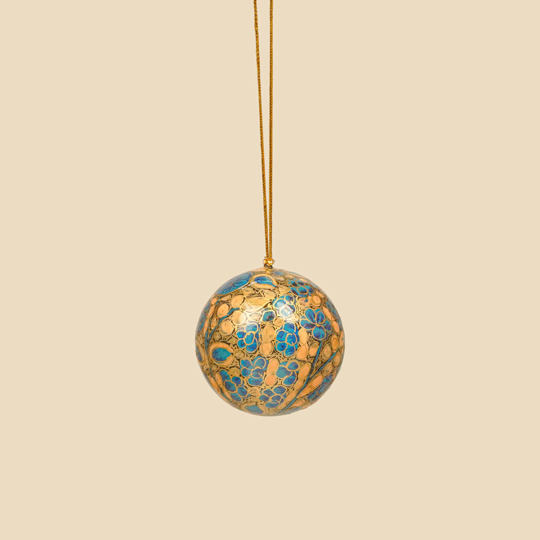 Blue & Orange Handmade Kashmiri Paper Mache Christmas Ball Ornament For Tree Decor