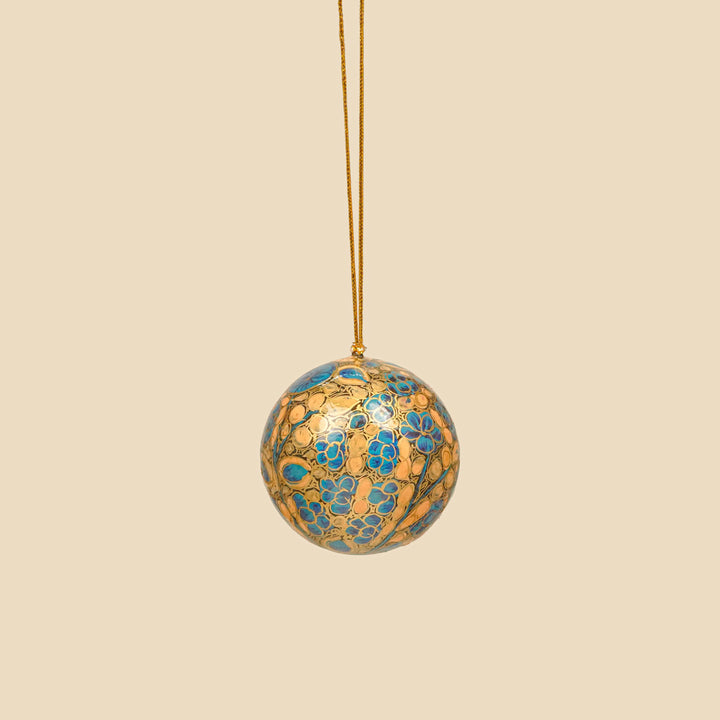 Blue & Orange Handmade Kashmiri Paper Mache Christmas Ball Ornament For Tree Decor