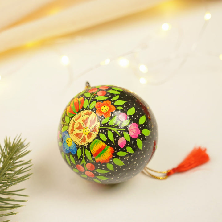 Floral Handmade Kashmiri Paper Mache Christmas Ball Ornament For Tree Decor