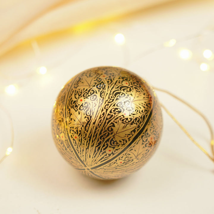 Black & Gold Handmade Kashmiri Paper Mache Christmas Ball Ornament For Tree Decor