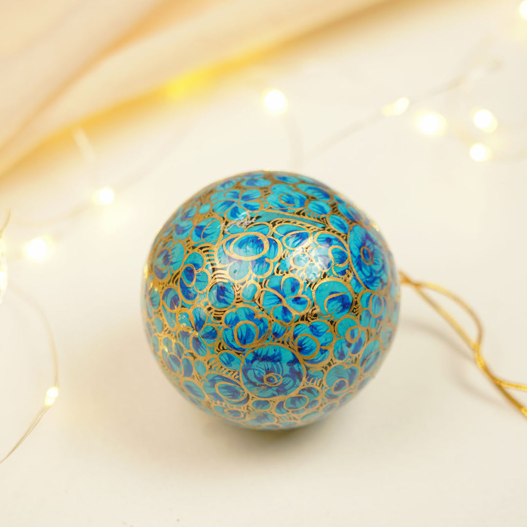 Blue Handmade Kashmiri Paper Mache Christmas Ball Ornament For Tree Decor