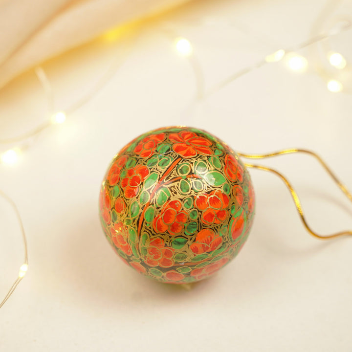 Orange & Green Handmade Kashmiri Paper Mache Christmas Ball Ornament For Tree Decor