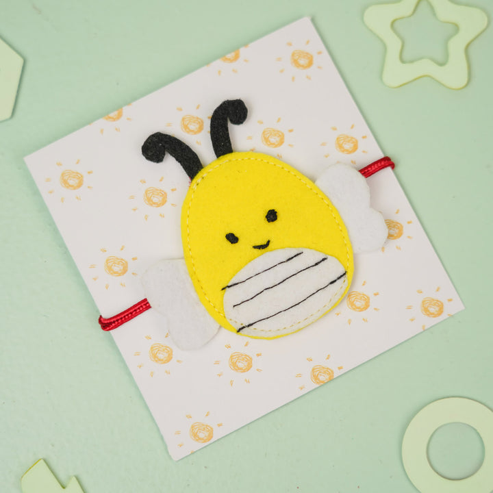 Handmade Squish Mallows Bumblebee Theme Felt Kids Rakhi - Front View on Card