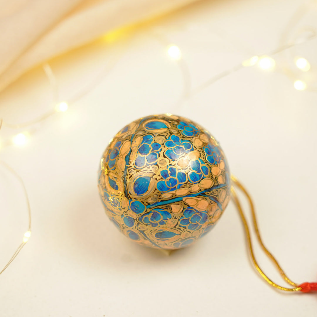 Blue & Orange Handmade Kashmiri Paper Mache Christmas Ball Ornament For Tree Decor